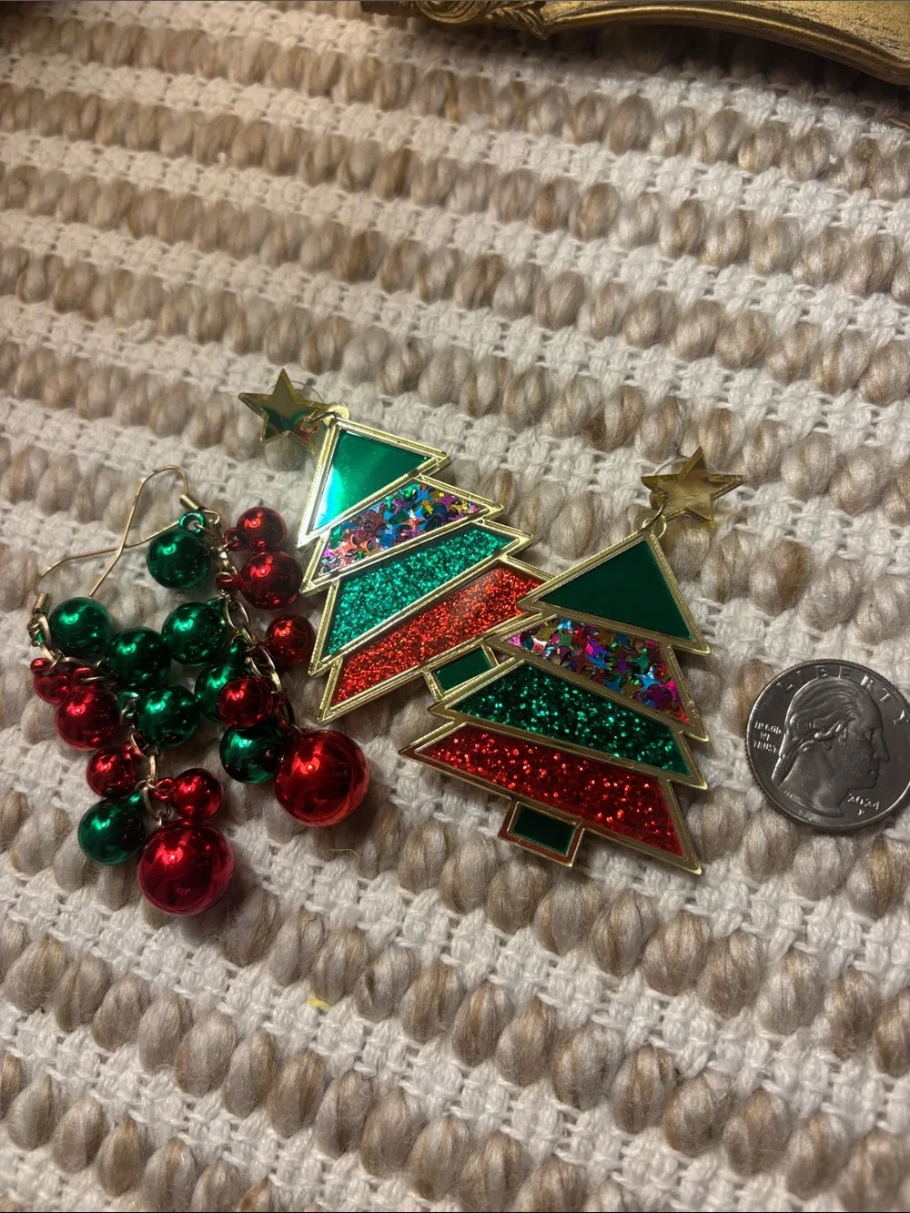 Festive Red & Green Christmas Tree Brooch and Jingle Bell Earrings
